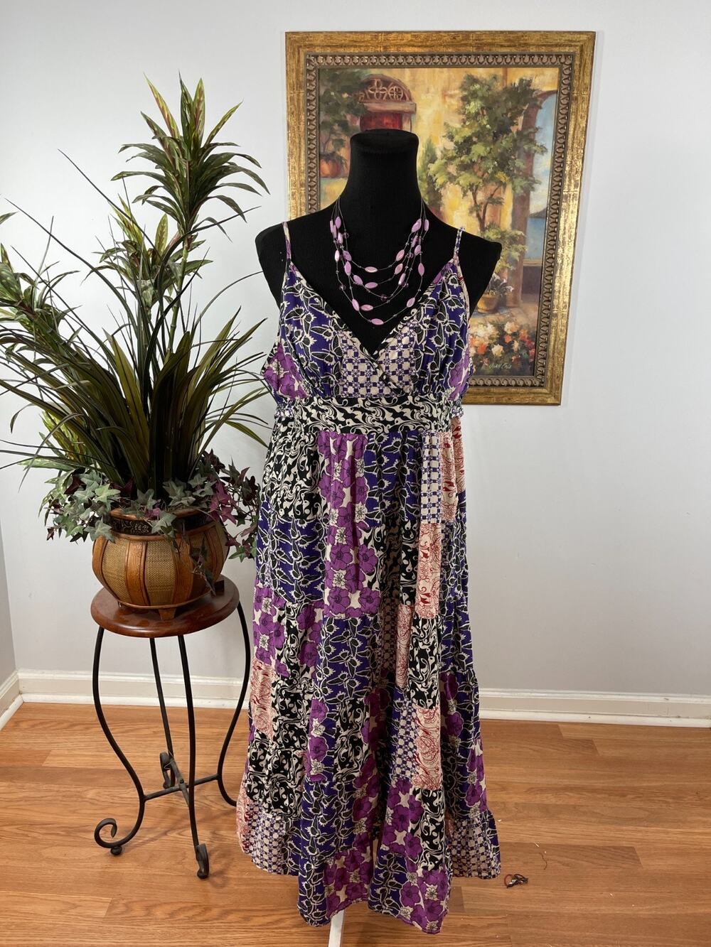 20 Something Maxi Dress Womens 1X Multi Floral Spaghetti Strap Eclectic Festival